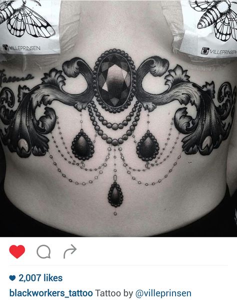 Black and gray sternum jewel tattoo by @villeprinsen Jewel Tattoo, Ring Tattoos, Sternum Tattoo, Tattoo Black, Diy Tattoo, Black Jewel, Jewelry Drawing, Time Tattoos, Body Mods