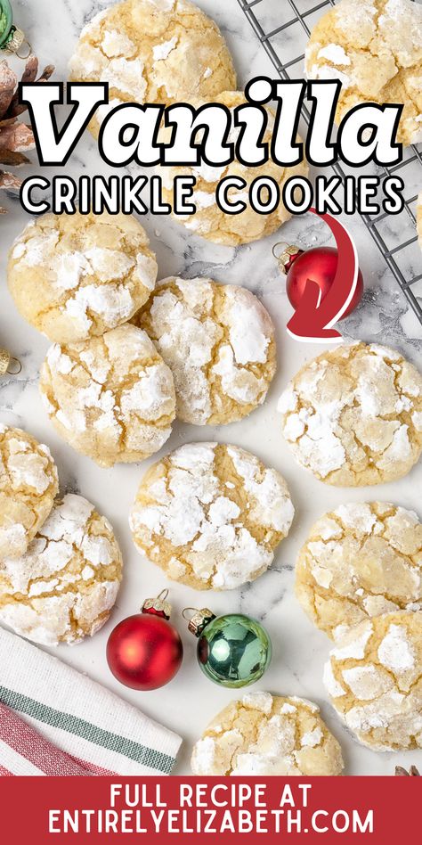 Soft, buttery, and absolutely gorgeous, these Triple Vanilla Crinkle Cookies are a must-bake this season. No cake mix needed for these beautifully crackled treats! Soft Crinkle Cookies, Cake Mix Crinkle Cookies Recipe, Funfetti Crinkle Cookies, Eggless Crinkle Cookies, White Cake Mix Sugar Cookies, Vanilla Crinkle Cookies Recipe, Chocolate Cake Mix Crinkle Cookies, Angel Flake Cookies, Crinkle Cookies With Cake Mix Boxes