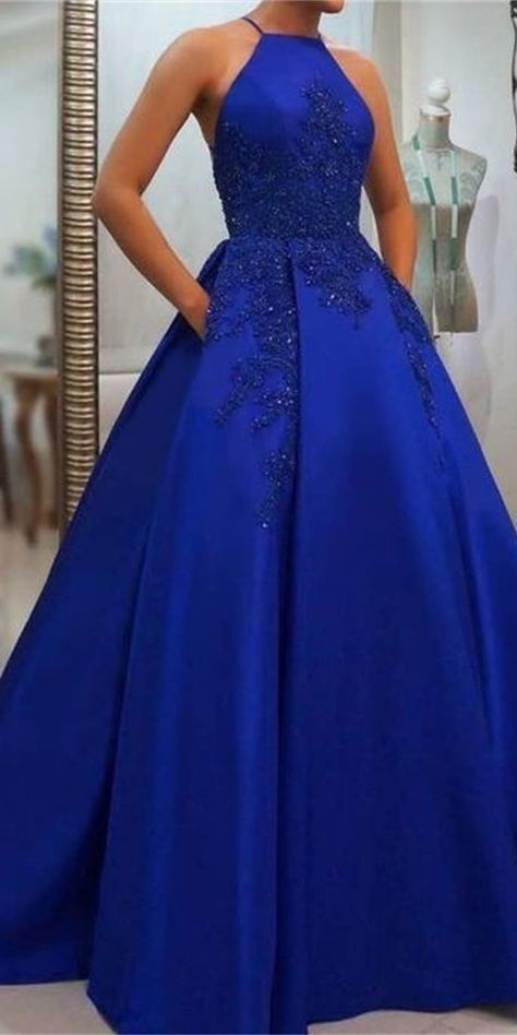 Blue Prom Gown, Blue Lace Prom Dress, Halter Prom Dresses, Prom Dresses Long Lace, Blue Prom Dress, Most Beautiful Wedding Dresses, Royal Blue Prom Dresses, Prom Dresses With Pockets, Chic Gowns