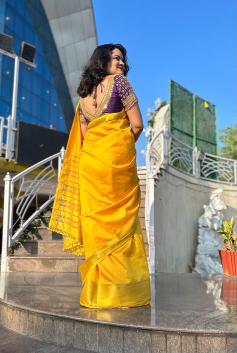 #saree #sareelove #yellowsaree #purpleblouse #purple #yellowaesthetic #indianfashion #sareefashion #sareeblousedesigns #sareedraping #blousedesignslatest #blouse #fashion Yellow Saree With Purple Blouse, Yellow Purple Saree, Saree Styling, Bengali Bridal Makeup, Purple Saree, Yellow Saree, Blouse Hand Designs, Dress Indian, Blouse Designs Latest