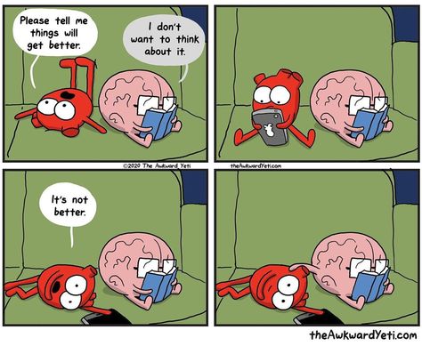 Akward Yeti, Heart And Brain Comic, Heart Vs Brain, Awkward Yeti, The Awkward Yeti, Heart And Brain, Emotional Scene, Cartoon As Anime, Medical Humor