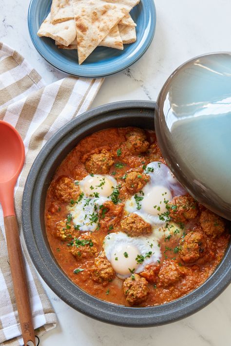 Moroccan kefta tagine is made easily with ground beef and eggs plus a simple tomato sauce. With a few pantry spices you're on your way to a great meal. Kofta Tagine, Meatball Tagine Recipes, Moroccan Kefta, Kefta With Tahini, Moroccan Beef Tagine, Moroccan Beef Tajine, Moroccan Meatball Tagine, Beef Tagine, Moroccan Beef