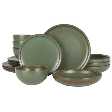 PRICES MAY VARY. A COMPLETE SET INCLUDES: Four 10.3-inch dinner plates, four 8.3-inch dessert plates, four 8.75-inch dinner bowls, and four 22oz cereal bowls WEAR-RESISTANT STONEWARE: Sturdy stoneware plates and bowls crafted to serve meals every day for any style, occasion, and budget. Fired at high temperatures to create a non-porous surface, this dinnerware set ensures strength and durability for long-lasting use. NO TWO PIECES ARE ALIKE: Visual textures from the reactive glaze show natural v Cute Plates Set, Cute Plates, Stoneware Plates, Green Plates, 4 Plates, Dinner Bowls, Vintage Dinnerware, Reactive Glaze, Visual Texture