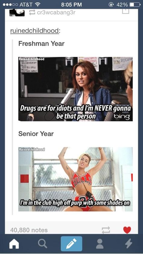 Miley Cyrus - Freshman Year vs. Senior Year Freshman Year Vs Senior Year, Freshman Vs Senior High School, Freshman Vs Senior, Freshmen Vs Seniors, High School Humor, Senior High School, Funny Comebacks, School Memories, Junior Year