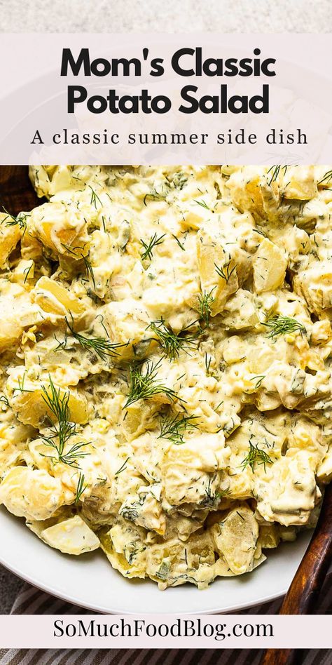 Today I’m sharing my Mom’s Best Ever Classic Potato Salad recipe! Skip the store bought because this recipe blows it out of the water.This is a classic southern-style potato salad recipe with chopped eggs, pickles, celery, onion, and fresh dill with a creamy mayonnaise-based dressing. Moms Potato Salad, Potato Salad With Pickles And Eggs, Dill Potato Salad Recipe, Dill Pickle Potato Salad, Potato Salad With Dill, Pickle Potato Salad, Egg Potato Salad, Dill Potato Salad, Making Potato Salad