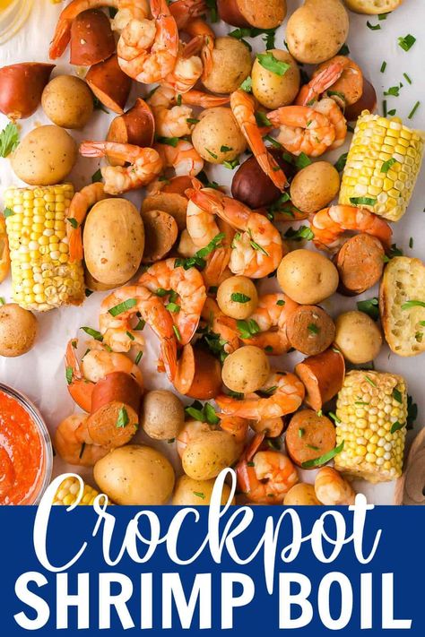 This Old Bay Shrimp Boil is the perfect summer recipe. It's full of juicy shrimp, smoky sausage, and fresh veggies, cooked in a perfectly seasoned broth in the crockpot. Serve it with garlic butter on the side for a meal that will knock your socks off! Crockpot Shrimp Boil, Old Bay Shrimp Boil, Crockpot Seafood, Crock Pot Shrimp, Old Bay Shrimp, Boil Recipes, Shrimp Boil Recipe, Solstice Party, Country Boil