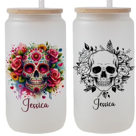 PRICES MAY VARY. GRAPHICS NEVER FADE: Sublimated graphics on frosted glass - NO vinyl or stickers - won’t fade or peel! PERSONALIZED DESIGN - perfect for gift giving or yourself! This Sugar Skull glass cup can be personalized for a truly unique design! Use the Customize Now button to add details. PERFECT SIZE - 16 oz capacity - Bamboo lid with silicone seal - Straw included. Please HAND WASH to maintain the frosted finish. YOU'LL LOVE IT! We want you to totally happy with your Sugar Skull froste Halloween Cans, Iced Coffee Cup, Glass Tumbler, Glass Cup, Tumbler Designs, Frosted Glass, Iced Coffee, Sugar Skull, Custom Name