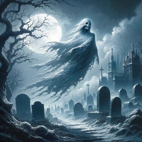 Sebastián Iturralde on X: "Under the haunting glow of the moon, a spectral Wraith drifts silently through a forgotten graveyard, its ethereal presence a whisper of ancient tales and long-lost secrets. https://t.co/IYC3yt6Wrs" / X Gothic Setting, Halloween Live Wallpaper, Dark Alice In Wonderland, Grim Reaper Art, Scary Ghost Pictures, Halloween Graveyard, Creepy Horror, Horror Themes, Ghost Pictures