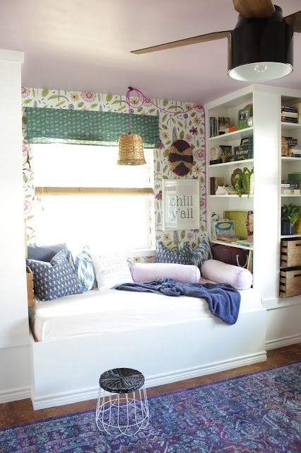 Built in Daybed with IKEA bookshelves - House Homemade Kids Reading Corner, Ikea Daybed, Built In Daybed, Creative Bookcases, Billy Ikea, Billy Bookcase Hack, Bed Nook, Ikea Billy Bookcase Hack, Ikea Bookcase