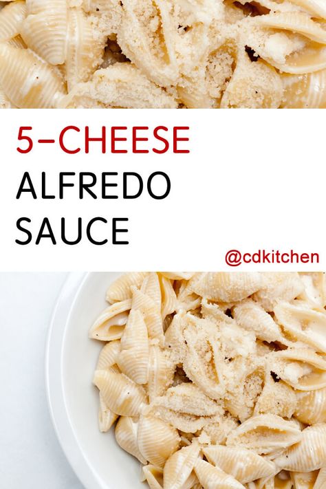 5 Cheese Alfredo Sauce - This rich sauce uses five different types of cheese to make a perfect blend of smoky, salty flavors. Serve it over fettuccine or your favorite pasta (goes great with tortellini too!) - Made with heavy cream, butter, garlic, Parmesan cheese, Asiago cheese, white cheddar cheese, mozzarella cheese, cream cheese, black pepper | CDKitchen.com Alfredo Sauce Recipes, Cheese Alfredo Sauce, Different Types Of Cheese, Four Cheese Pasta, Pasta Broccoli, Edible Recipes, Make Alfredo Sauce, Cheese Mozzarella, Cheese Sauce For Pasta