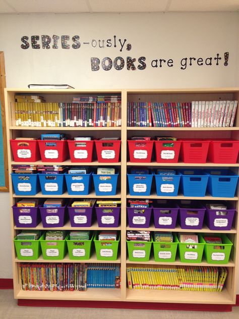 Series books are shelved in their own section.  Labels for series are on the baskets. School Library Decor, Classroom Library Organization, School Library Design, School Library Displays, Middle School Libraries, Library Themes, Library Book Displays, Elementary School Library, Library Organization