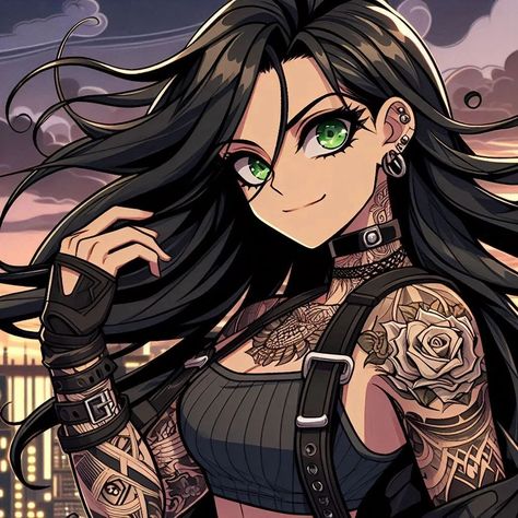 Name: Kaida Description: Kaida is a fierce and independent female anime character with long flowing dark hair and piercing green eyes. She is adorned with intricate tattoos that cover her arms, back, and legs, showcasing a mix of traditional Japanese motifs and modern tribal designs. Her style is edgy and bold, with a mix of leather and metal accessories that add to her rebellious aura. Personality: Kaida is a skilled warrior with a strong sense of justice and a determination to protect tho... Character Female, Japanese Motifs, Intricate Tattoo, Metal Accessories, Traditional Japanese, Dark Hair, Green Eyes, Japanese Traditional, Her Style