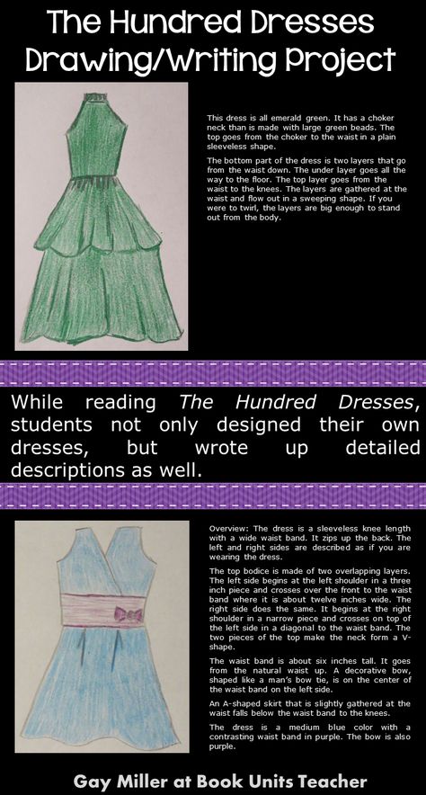 Read about the fun design/writing project to do while reading The Hundred… 100 Dresses Book Activity, The Hundred Dresses, Dresses Drawing, Wedding Dress Drawings, Design Writing, Constructed Response, Interactive Notebook Activities, Drawing Writing, Fashion Drawing Sketches