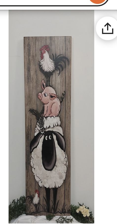 Wood Chicken Crafts, Painting On Wood Planks Art, Barn Board Crafts, Wood Plank Art, Farm Animal Painting, Animal Canvas Paintings, Plank Art, Garden Fence Art, Farmhouse Paintings