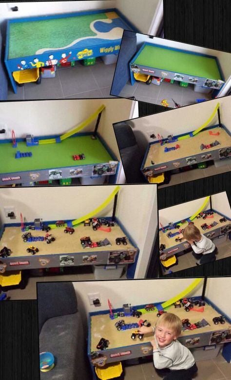 Conversion of unused wiggles train table into monster jam monster truck table #monsterjam Monster Truck Table, Monster Truck Bedroom, Monster Truck Room, Truck Bedroom, Learning Folder, Monster Truck Cars, Monster Jam Party, Truck Theme Birthday, Hunter Room