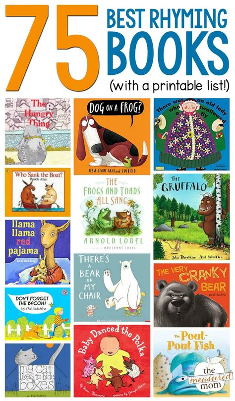 Love this giant list of rhyming books for kindergarten and preschool! Great suggestions for older kids too! Phonics Alphabet, The Measured Mom, Measured Mom, Rhythm Activities, I Love To Read, Rhyming Activities, Homeschool Books, Rhyming Books, List Of Books