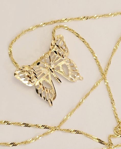 14k Gold Butterfly Pendant-S2667 Chain: 14k Yellow Gold Singapore Chain 1.2 mm Pendant:     Average Weight: 1.3 g     Bail Size:  2 mm     Height:  16 mm     Width:    20 mm Average Weight, Gold Butterfly, Butterfly Pendant, Solid Gold, Jewelry Necklace Pendant, Singapore, Size 2, Jewelry Necklaces, Yellow Gold