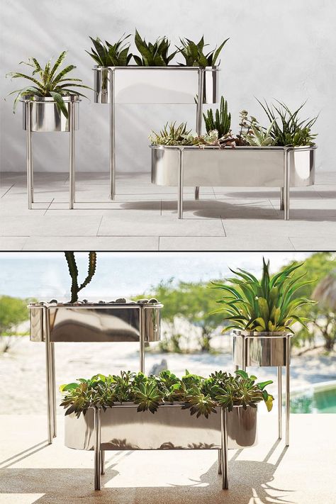 Sleek polished stainless steel elevated planters rising up on solid steel rod stands. They also double as drink coolers. Stainless Steel Planters, Plant Box, Steel Planters, Planter Design, Beverage Cooler, Steel Rod, Retail Design, Beautiful Flowers, Stainless Steel