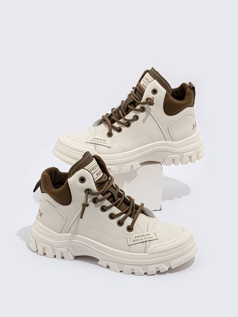 Patch Detail High Top Lace-up Front Chunky Sneakers Dr Shoes, Basket Style, Cute Sneakers, Casual Sneakers Women, Girly Shoes, Aesthetic Shoes, Swag Shoes, Chunky Sneakers, Pretty Shoes