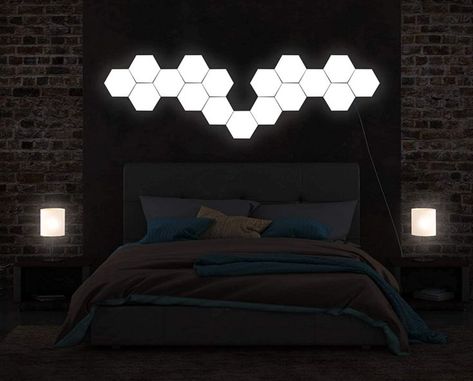 Hexagon Lights, Light Aesthetic Room Decor, Lighting Aesthetic, Transitional Decor Bedroom, Transitional Living Room, Transitional Decor Style, Gaming Room Decor, Transitional Decor Living Room, Led Light Design