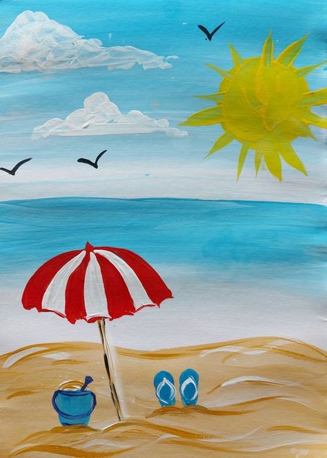 Whimsical Beach Art Paintings, Beach Drawing For Kids, Summer Canvas Painting Ideas Easy, Beach Paintings On Canvas Easy, Beach Drawing Easy, Drawing Ideas Summer, Beachy Paintings Easy, Simple Drawing Ideas, Summer Drawings