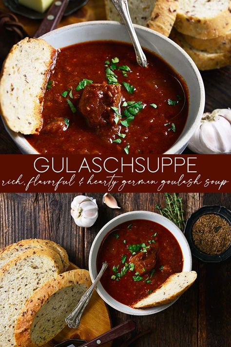 Gulaschsuppe (German Goulash Soup) is a rich beef soup that's spiced with paprika and seasoned with thyme, caraway, marjoram, onion, and garlic. German Goulash, Easy German Recipes, Goulash Soup, German Food Authentic, Goulash Recipes, Lovers Lane, Hungarian Recipes, Beef Soup, Goulash