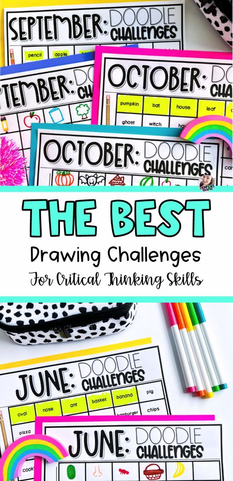 Keep your elementary students engaged with fun and challenging monthly doodle brain breaks! These coloring challenges encourage creative thinking while enhancing critical skills. Ideal for early finishers, these themed doodle activities are an excellent addition to your classroom. Spark creativity and imagination with these elementary challenges! Use for early finisher activities and more! See the challenges here. Doodle Activities, Brain Breaks Elementary, Early Finisher Activities, 2nd Grade Activities, Writing Folders, Teacher Activities, Early Finishers Activities, Blank Calendar Template, First Grade Resources