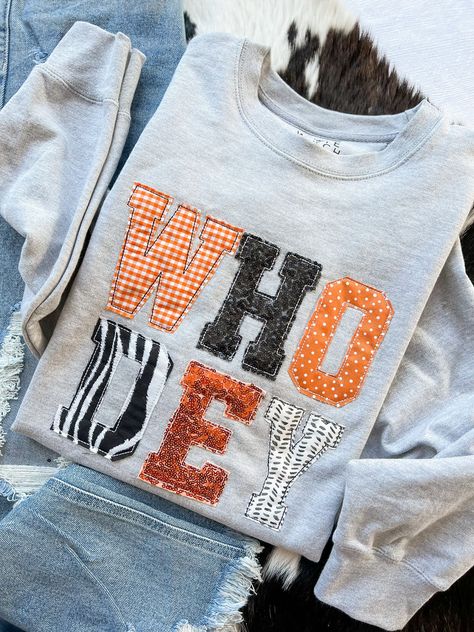 WHO DEY | Handmade Appliqué Shirt Reverse Applique Shirt, Cricut Fabric Applique, Applique Shirts For Women, Reverse Applique Sweatshirt Diy, Reverse Applique Sweatshirt, Machine Embroidery Ideas, Patchwork Crewneck, Cheer Games, Handmade Applique