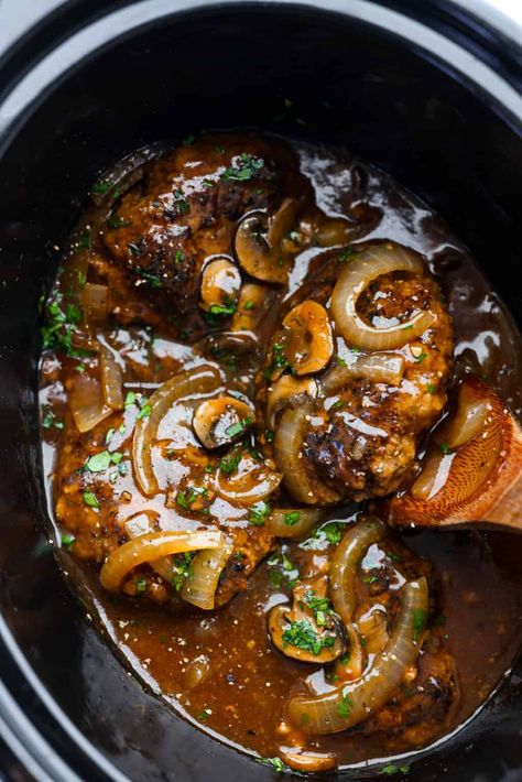 Make dinnertime easy with this Crockpot Salisbury Steak recipe! Juicy beef patties slow cooked to tender perfection in an onion and mushroom gravy. This is a no-fuss dinner that is so hearty and delicious! Crockpot Salisbury Steak Recipe, Crock Pot Salisbury Steak, Onion And Mushroom Gravy, Crockpot Salisbury Steak, Steak Crockpot, Salisbury Steak Crockpot, Salisbury Steak Recipe, Slow Cooker Salisbury Steak, Crockpot Steak