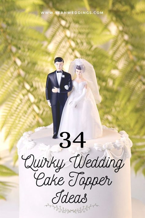 If you and your partner are hoping to find ideas that go beyond traditional wedding cake toppers of fresh fruit or flowers, then you’re in luck. With unique cake toppers, your wedding cake table will pop!Learn about all of the most popular wedding cake topper ideas in our list here at YeahWeddings! elegant wedding cakes | wedding cake styles | weddings cakes idea | pretty wedding cakes | rustic wedding cakes | stunning wedding cakes | fun wedding cakes ideas | wedding cakes decorating Creative Cake Toppers Wedding, Custom Wedding Cake Topper, Alternative Wedding Cake Toppers, Creative Wedding Cake Toppers, Wedding Cake Toppers Diy, Traditional Wedding Cake Topper, Fun Cake Toppers Wedding, Cute Cake Toppers Wedding, Wedding Topper Ideas