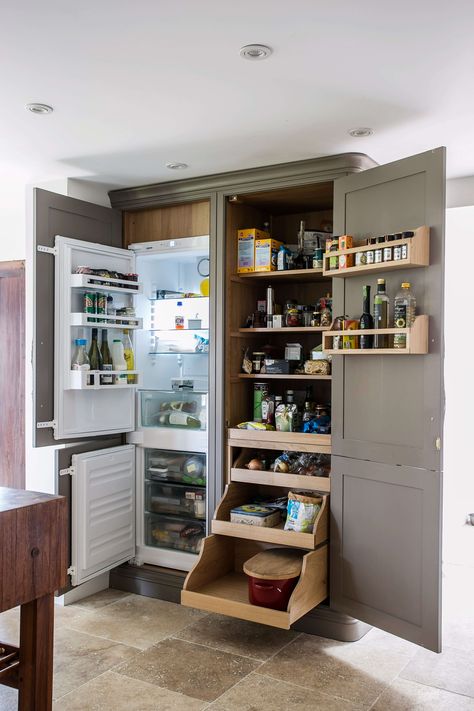 Pantry Cupboard Next To Fridge, Picking Kitchen Cabinets, Devon Aesthetic, Cottage Staircase, Kitchen Larder Cupboard, Larder Fridge, Kitchen Pantry Cabinet, Cottage Kitchen Design, Kitchen Larder