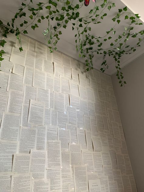 Diy Book Page Wall, Book Page Walls, Book Pages On Wall Aesthetic, Book Pages On Wall, Book Pages Wall Decor, Book Paper Wall, Books On The Wall, Book Page Wall, College Dorm Room Inspiration