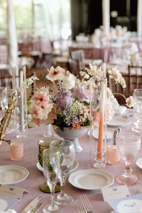 Wedding Table Setting Adorned with Pastel Florals | wedding, wedding inspo, wedding decor, wedding reception decor, wedding tablescapes, wedding table decor, wedding table ideas, wedding table centerpieces, wedding linens, linens for wedding, wedding tablecloths, linens for events, luxury linens, elegant linens, couture linens, patterned linens, elegant wedding decor, 2024 wedding, pink wedding, pink linens, velvet linens, table decorations, table ideas #weddingreception #tabledecor #linens Round Table Setting Ideas Wedding Boho, Pink Table Runner Wedding, Pink Tablecloth Wedding, Pastel Table Setting, Spence Cabin, Linens For Wedding, Pink Wedding Table, Wedding Table Cloth, Wedding Table Pink