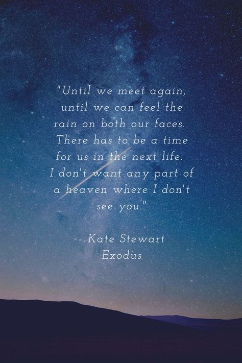 'Until we meet again, until we can feel the rain on both our faces. There has to be a time for us in the next life. I don't want any part of a heaven where I don't see you.' Kate Stewart - Exodus Kate Stewart, Book Hangover, Imagination Quotes, Until We Meet Again, Next Life, Book Instagram, Favorite Book Quotes, Literature Quotes, Meet Again