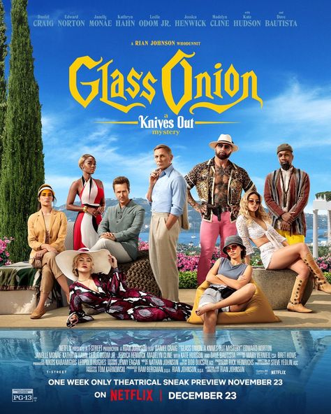 Murphy's Multiverse on Twitter: "New poster for #GlassOnion https://t.co/EKqItrKlAQ" / Twitter Film Thriller, Leslie Odom, Film Netflix, Glass Onion, Dave Bautista, Rian Johnson, Edward Norton, Madelyn Cline, Steve Carell