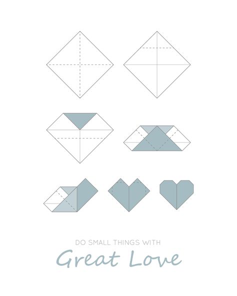 "----- DIGITAL DOWNLOAD ----- Please note that this listing is for a digital file. No items will be shipped to you. ----- ABOUT ----- \"Do small things with great love\" is an inspiring quote, from Mother Theresa, that reminds us that we can spread love in small acts, just like in a small heart made of paper. The illustration shows us step by step how to make an origami heart. A fun, didactic and inspiring way to decorate the little ones' room. The shades of blue and gray makes it perfect for de Small Origami Hearts, Small Origami, Origami Tree, Hearts Paper Crafts, Small Things With Great Love, Origami Tutorial Easy, Basic Art, Origami Gifts, Origami Ideas