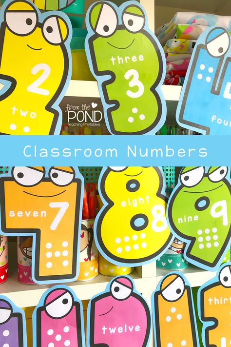 This big fun classroom numbers combine classroom curriculum and decor! They look happy, bright and fun but also teach your students numbers, counting, numeral identification, subitizing and number words. Print and display in your learning space. Find these and more on our classroom decor page. Math Classroom Decorations Kindergarten, Preschool Number Wall Display, Crayons Decorations For Classroom, Numbers Preschool Decoration, Numbers For Classroom Wall, Numbers Wall Decor Classroom, Big Numbers Printable, Number Display Preschool, Kindergarten Classroom Decor Free Printable