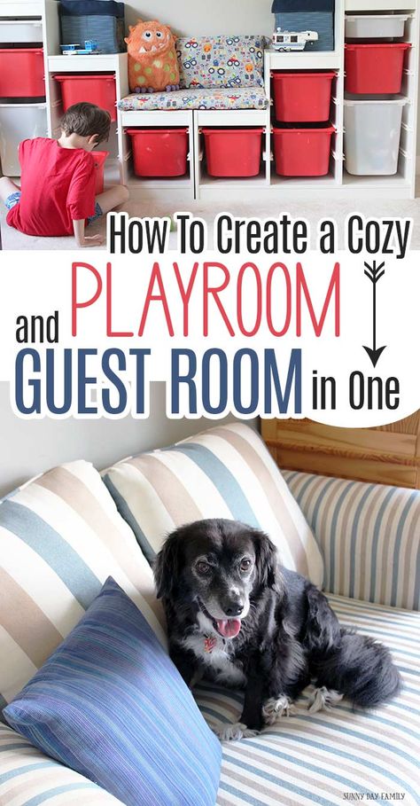 How to Create a Cozy Guest Room and Playroom in One Small Family Room Dining Room Combo, Guest Bedroom Playroom Combo Ideas, Guest Room Family Room Combo, Guest Bedroom Family Room Combo, Family Guest Room, Small Playroom Guest Room Combo, Guest Bedroom For Grandkids, Playroom And Guest Room Combo Ideas, Toy Room Guest Room Combo