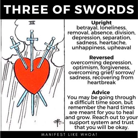 3 Swords Tarot Meaning, Three Of Swords Tarot, 3 Of Swords, Tarot Swords, Three Of Swords, Tarot Interpretation, Rider Waite Deck, Tarot Cards For Beginners, Swords Tarot