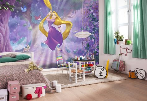 Rapunzel is swinging with her long hair through a magical forest. Children room girl bedroom ideas Disney princess. Disney Rapunzel bedroom ideas children. Children room wall decor. Disney Princess photomural. Tangled bedroom decor rapunzel room @komarproducts Girls Princess Bedroom, Photo Bedroom, Girls Bedroom Wallpaper, Giant Wall Art, Mural Abstract, Bedroom Purple, Giant Poster, Disney Rooms, Purple Interior