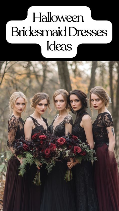 Bridesmaids wearing elegant Halloween dresses with dark hues and lace accents, perfect for a spooky yet stylish fall wedding. Halloween Wedding Party Attire, Fall Themed Bridesmaid Dresses, Dark Moody Bridesmaid Dresses, Halloween Wedding Bridesmaids, Goth Bridesmaid Dresses, Gothic Bridesmaid Dresses, Halloween Bridesmaid Dress, Autumn Bridesmaid Dresses, Alternative Bridesmaid Dresses