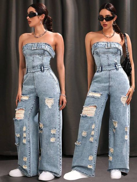 Shein Stuff, Denim Jumpsuit Outfit, Jump Suits, Casual Chic Outfits, Womens Trendy Dresses, Cute Modest Outfits, Jeans Overall, Jumpsuit Blue, Shein Icon