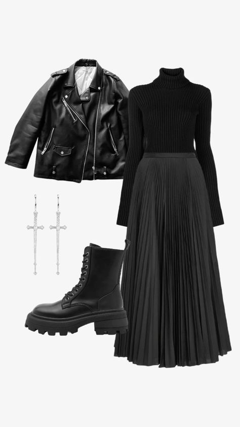 winter collection Goth Outfits With Leather Jacket, Dark Teacher Outfits, Gothic Work Outfit Corporate Goth, Edgy Modest Outfits, Winter Gothic Outfits, School Winter Formal Dresses, Goth Winter Outfits, Casual Black Outfits, Corporate Goth Outfits