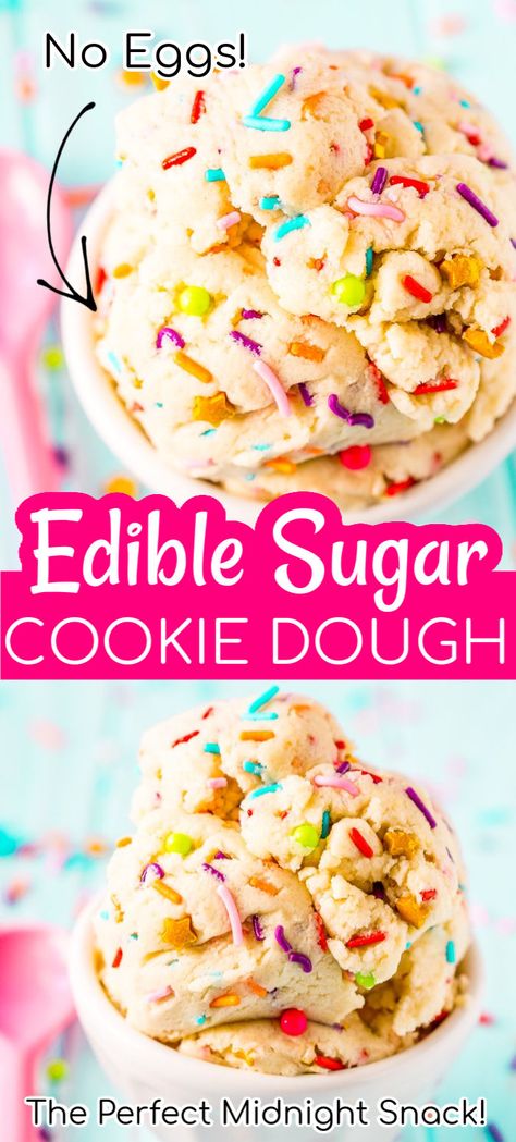 Edible Sugar Cookie Dough is an easy and delicious egg-free treat perfect for parties or just when you're craving something sweet but don't want to wait for cookies to bake! Edible Sugar Cookie Dough Recipe, Funfetti Cookie Dough, Edible Sugar Cookie Dough, Sugar Cookie Dough Recipe, Edible Cookie Dough Recipe, Funfetti Cupcakes, Cookie Dough Recipe, Funfetti Cookies, Cookie Dough Bites