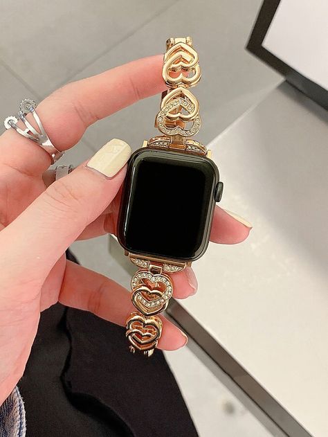 Gold Collar Stainless Steel Heart Smartwatch Bands Embellished Smart Watches & Accs Gold Apple Watch Band, Cute Apple Watch Bands, Apple Watch Fashion, Heart Watch, Apple Watch Bracelets, Apple Watch Accessories, Hand Watch, Jewelry Accessories Ideas, Gold Collar