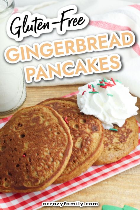 A fun and easy option for a holiday breakfast or brunch. You can even enjoy them extra festive with sprinkles or powdered sugar snow! Healthy Christmas Morning Breakfast, Unique Pancake Recipes, Gingerbread Pancakes Recipe, Pancake Mix Muffins, Fluffy Gluten Free Pancakes, Gluten Free Gingerbread Cookies, Gingerbread Pancakes, Easy Gingerbread, Pancakes For Breakfast