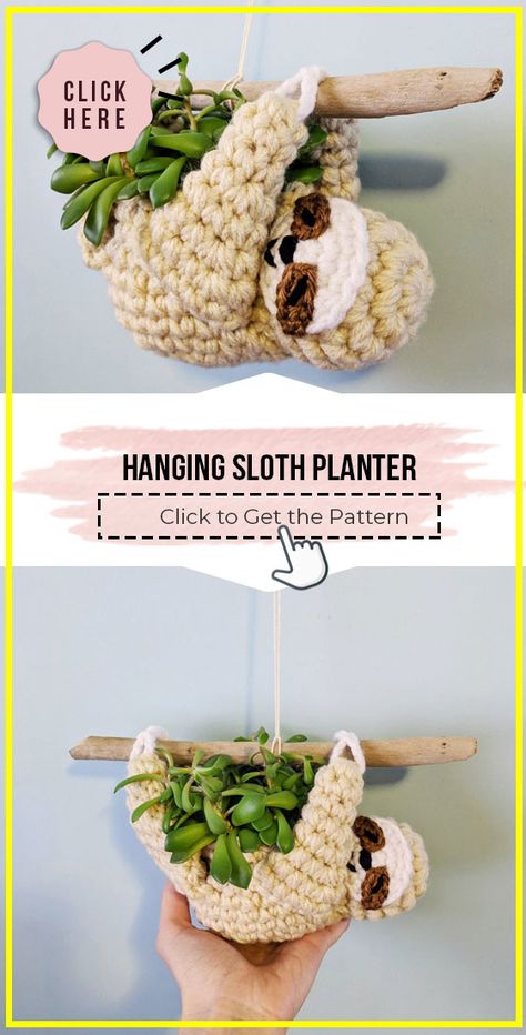 crochet Hanging Sloth Planter easy pattern - Easy Crochet Planter Pattern for Beginners. Click to Try the Pattern #Planter #crochetpattern #crochet via @shareapattern.com Hanging Sloth Planter, Sloth Planter, Crochet Plant Hanger, Crochet Sloth, Crochet Hanging, Ripple Pattern, Clothes Tutorial, Beginner Knitting Projects, Kids Crochet