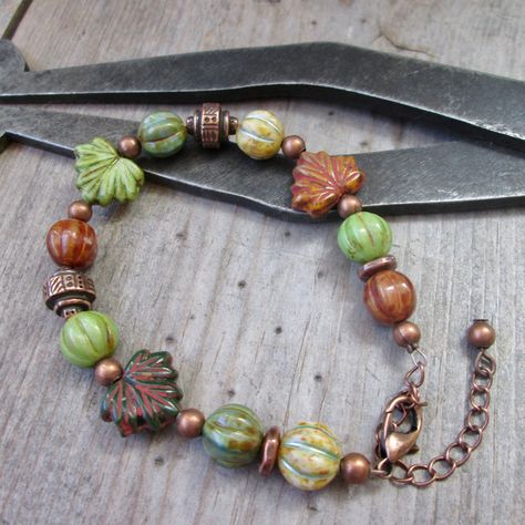 Fall Beaded Bracelets, Autumn Bracelet, Autumn Necklace, Titanium Earrings, Leaf Bracelet, Rustic Jewelry, Bohemian Bracelets, Copper Necklace, Glass Beaded Bracelets