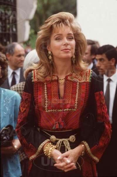 Queen Noor, traditional Jordanian Dress ❤ Jordanian Clothing, Jordanian Dress, Queen Noor, Heavy Is The Crown, Princess Haya, Jordan Royal Family, Arabian Dress, Arabic Dress, Queen Rania