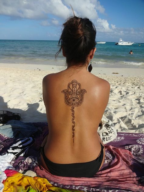 Hamsa Spine Tattoos For Women, Hamsa Back Tattoo Women, Hamsa Tattoo On Back, Hamsa Hand Spine Tattoo, Hamsa Spine Tattoo, Hamsa Tattoo Back, Hamsa Back Tattoo, Hamza Hand Tattoo, Henna Hamsa